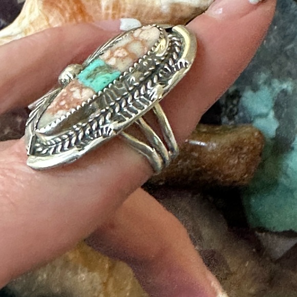 Red vein jasper turquoise ribbon 925 solid sterling silver native made ring - Picture 3 of 6